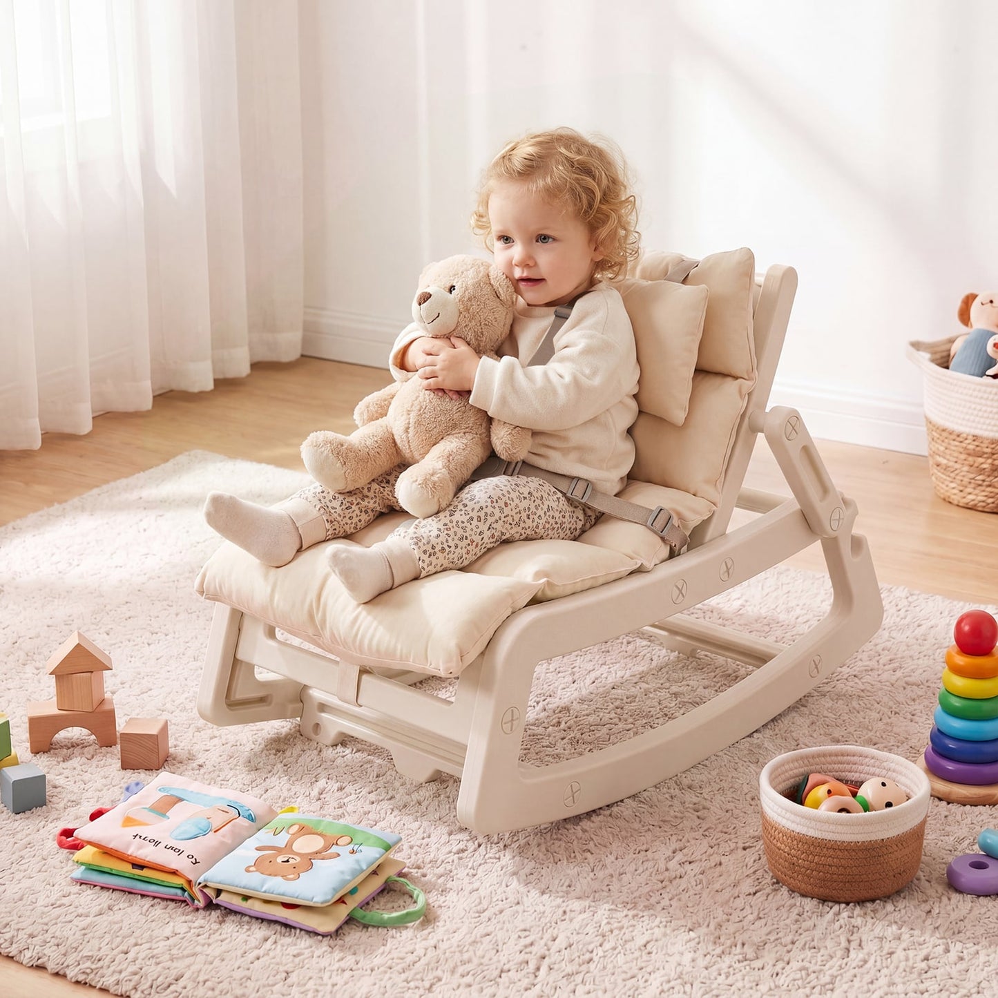 Kids Rocking Chair with Adjustable Backrest and Safety Harness for 6+ Months-Beige