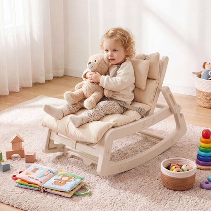 Kids Rocking Chair with Adjustable Backrest and Safety Harness for 6+ Months-Beige