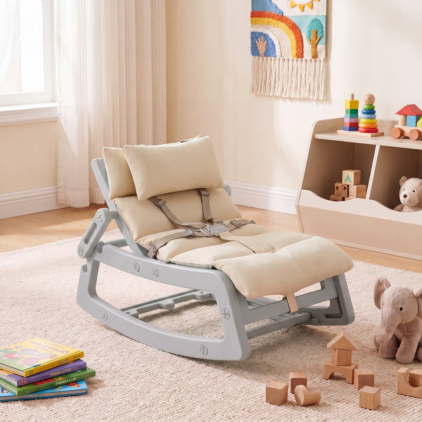 Kids Rocking Chair with Adjustable Backrest and Safety Harness for 6+ Months-Grey