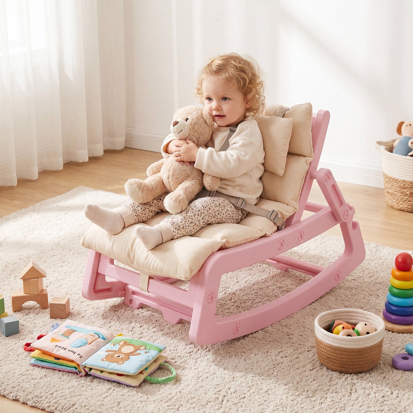 Kids Rocking Chair with Adjustable Backrest and Safety Harness for 6+ Months-Pink
