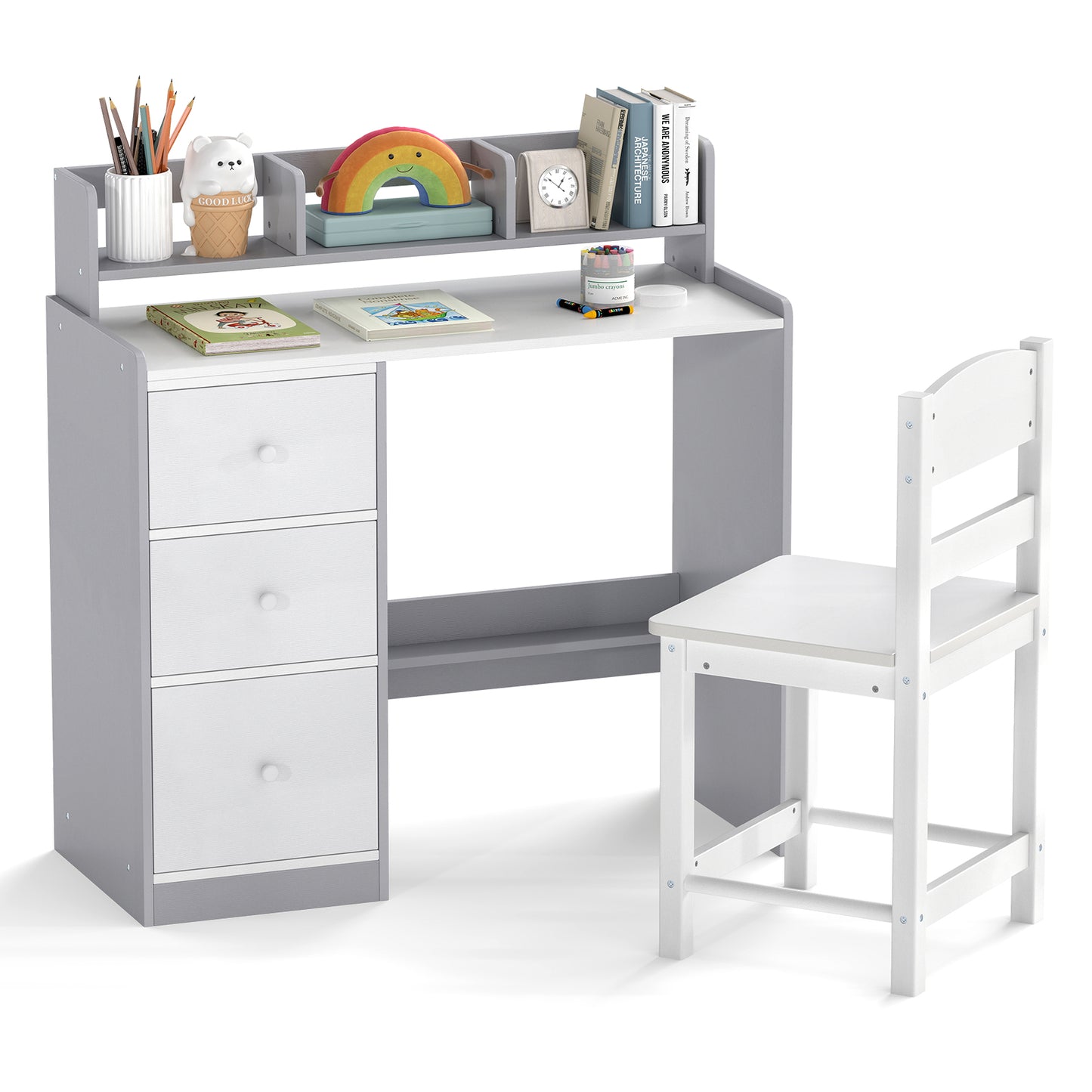 Kids Study Desk and Chair Set Wooden Children Writing Desk with Hutch-Grey