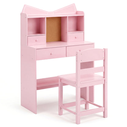 Kids Study Desk and Chair Set with Open Shelves and Cork Bulletin Board-Pink