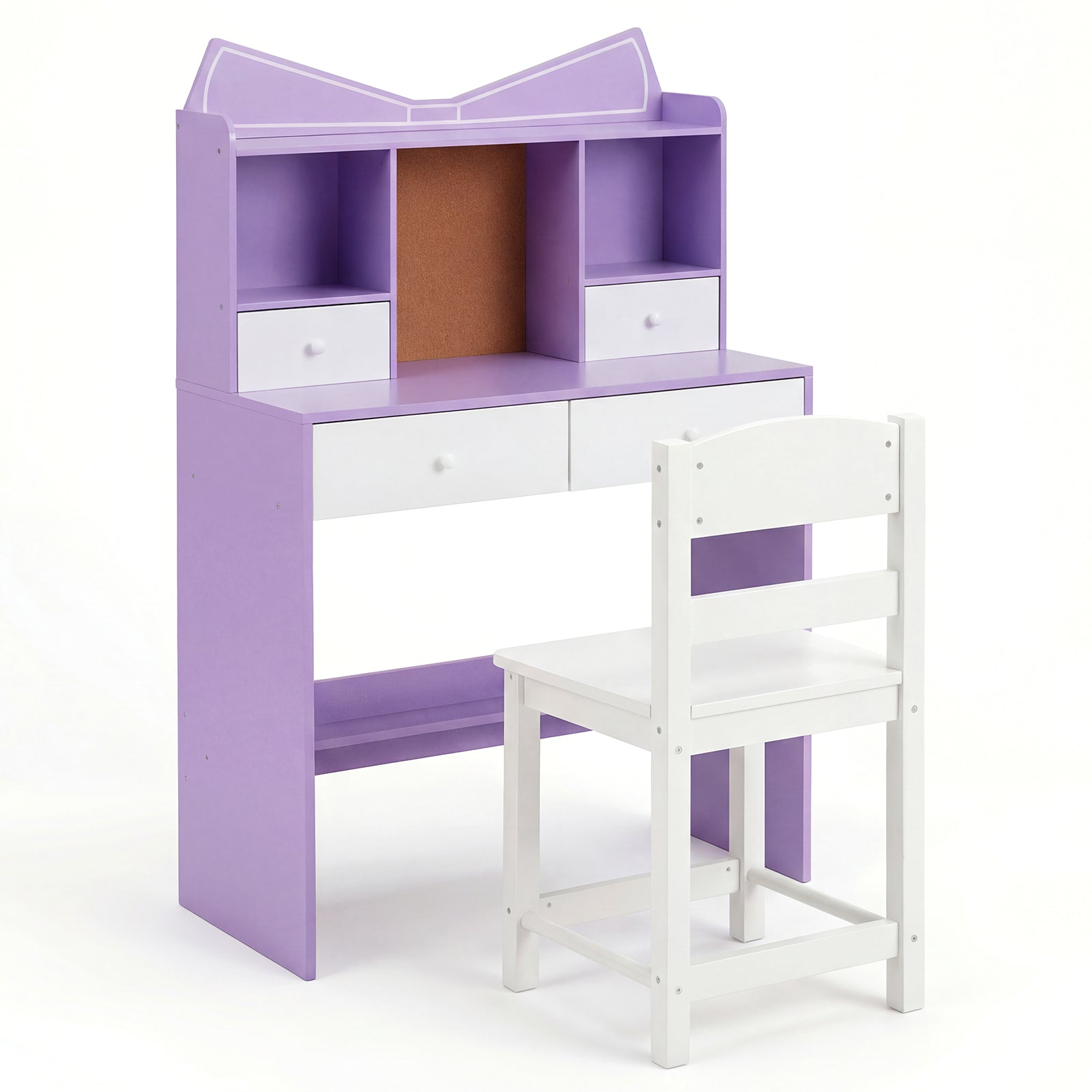Kids Study Desk and Chair Set with Open Shelves and Cork Bulletin Board-Purple