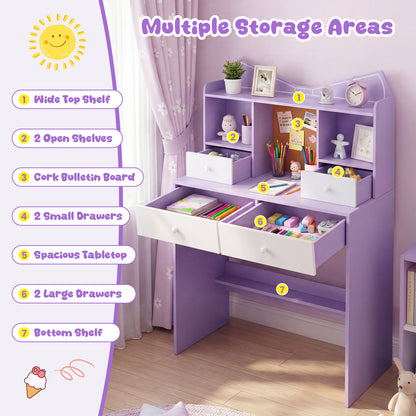 Kids Study Desk and Chair Set with Open Shelves and Cork Bulletin Board-Purple