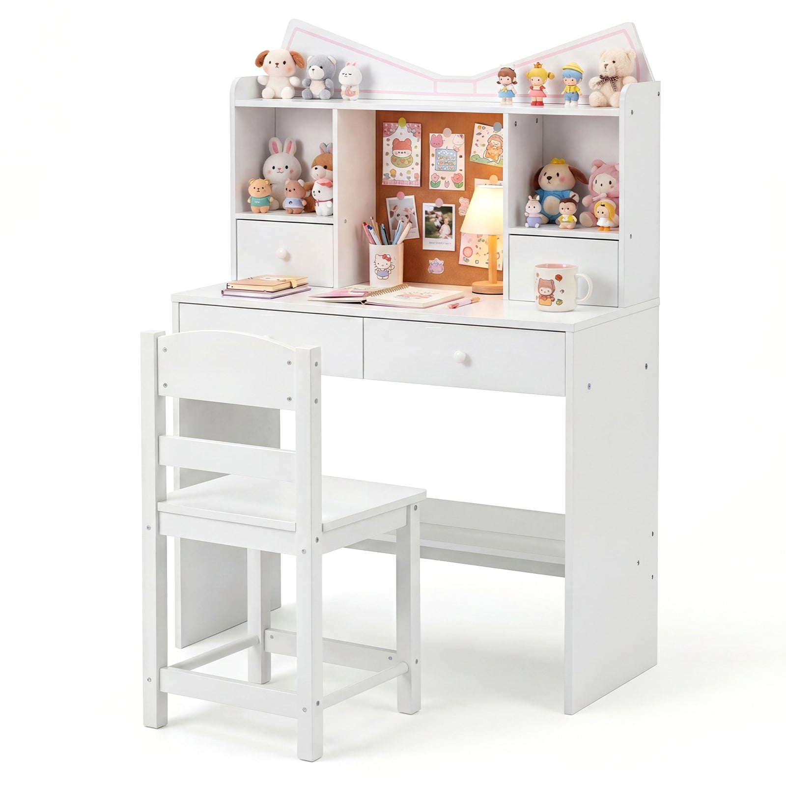 Kids Study Desk and Chair Set with Open Shelves and Cork Bulletin Board-White
