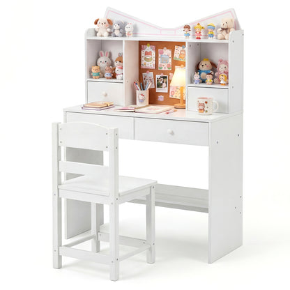 Kids Study Desk and Chair Set with Open Shelves and Cork Bulletin Board-White