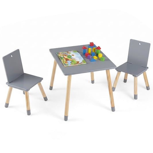 Kids Table and Chairs Set with Pine Wood Legs for Playing Learning Eating-Grey