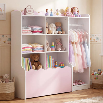 Kids Toy Storage Organizer with Clothing Rack 6 Cubes and Movable Drawer-Pink