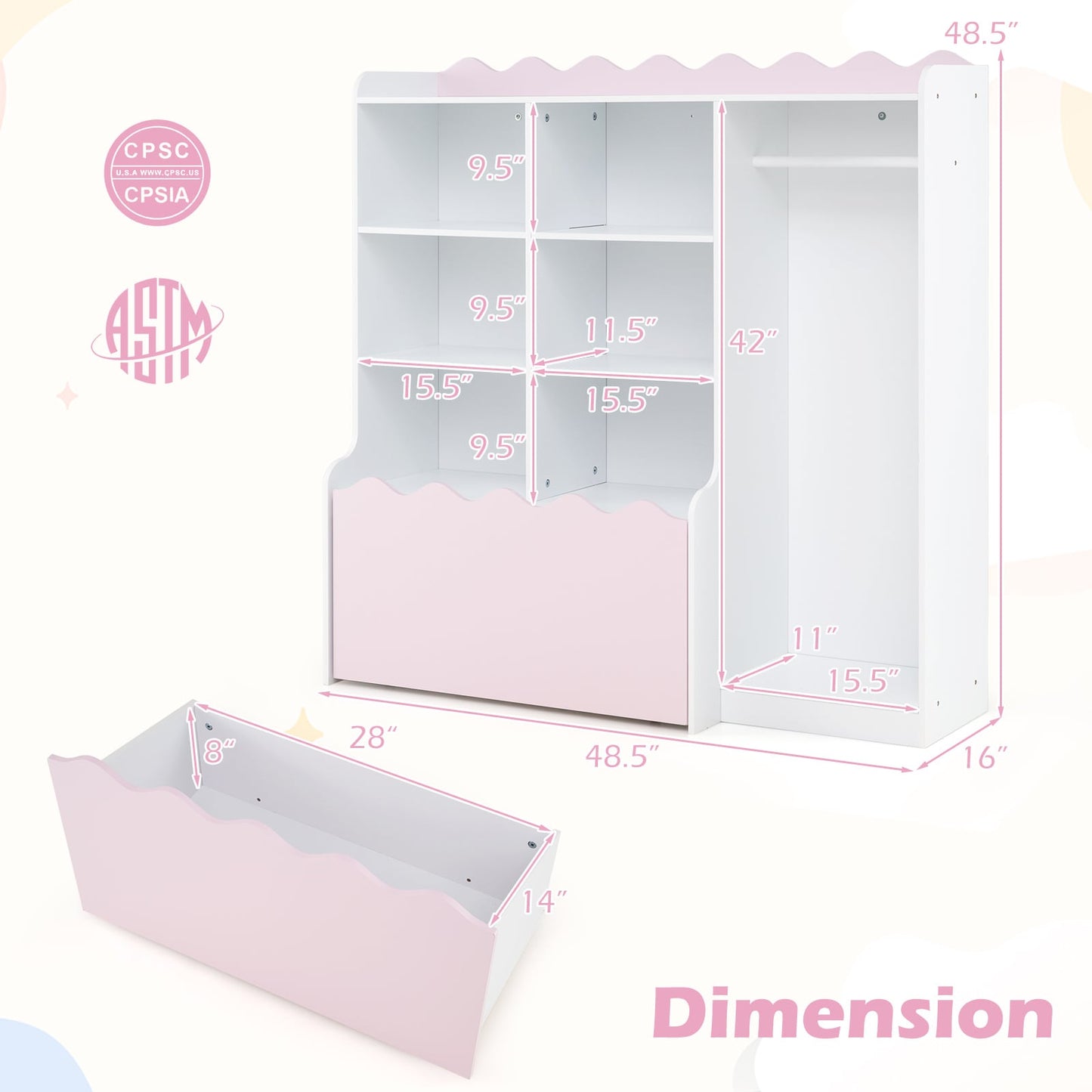 Kids Toy Storage Organizer with Clothing Rack 6 Cubes and Movable Drawer-Pink