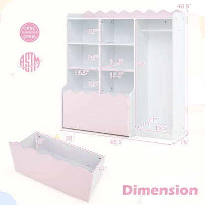 Kids Toy Storage Organizer with Clothing Rack 6 Cubes and Movable Drawer-Pink