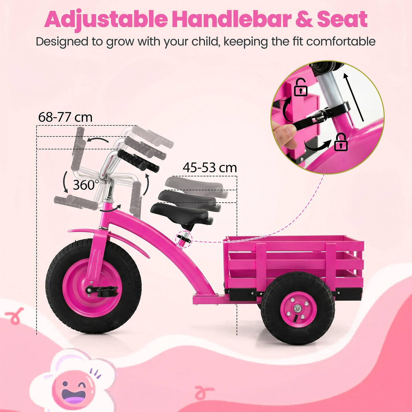 Kids Tricycle with Storage Basket and Inflatable Tires for Boys Girls Ages 3+-Pink