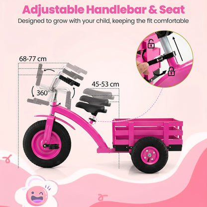 Kids Tricycle with Storage Basket and Inflatable Tires for Boys Girls Ages 3+-Pink
