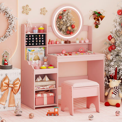 Kids Vanity Desk Princess Pretend Play Dressing Table Set with Mirror and Lights-Pink