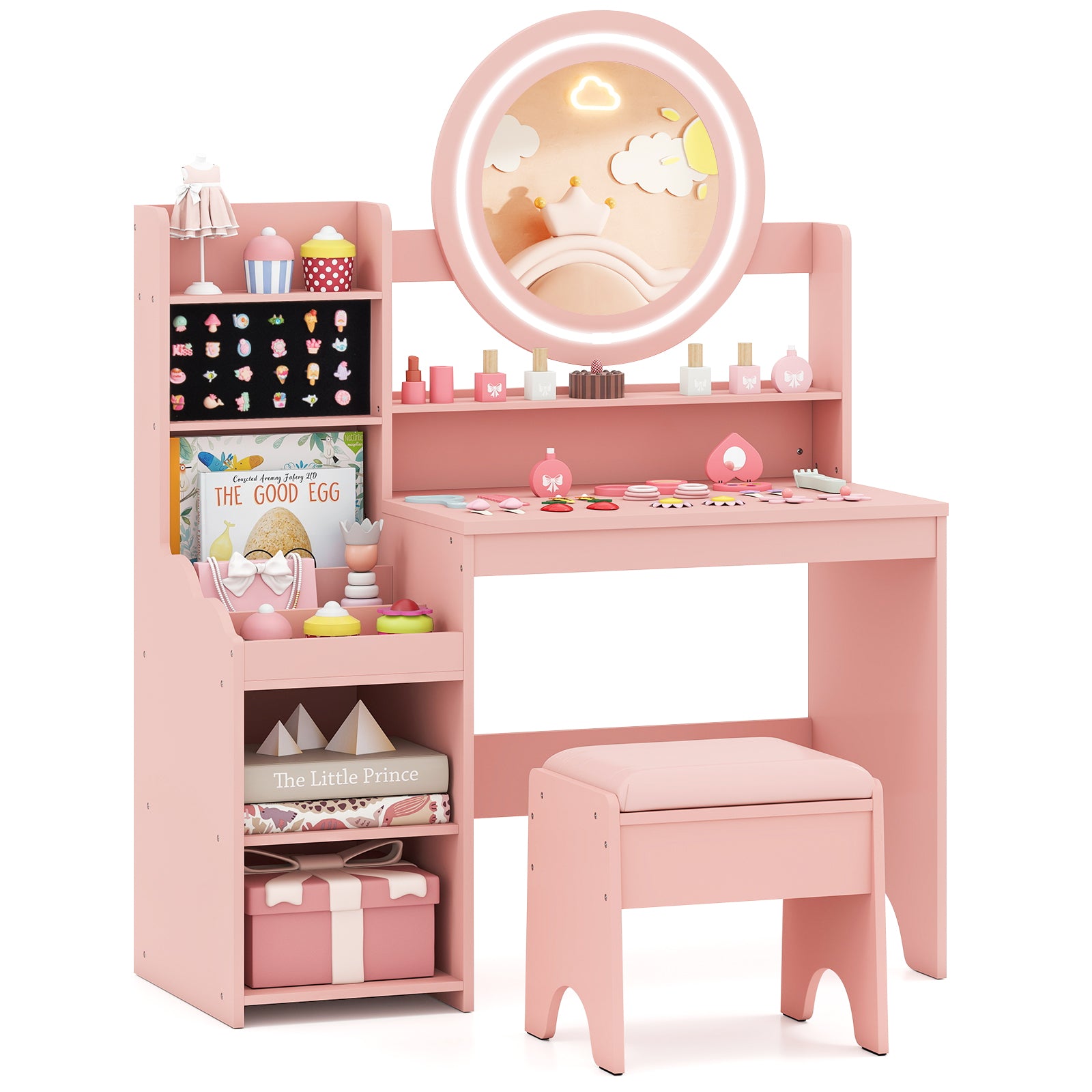 Kids Vanity Desk Princess Pretend Play Dressing Table Set with Mirror and Lights-Pink