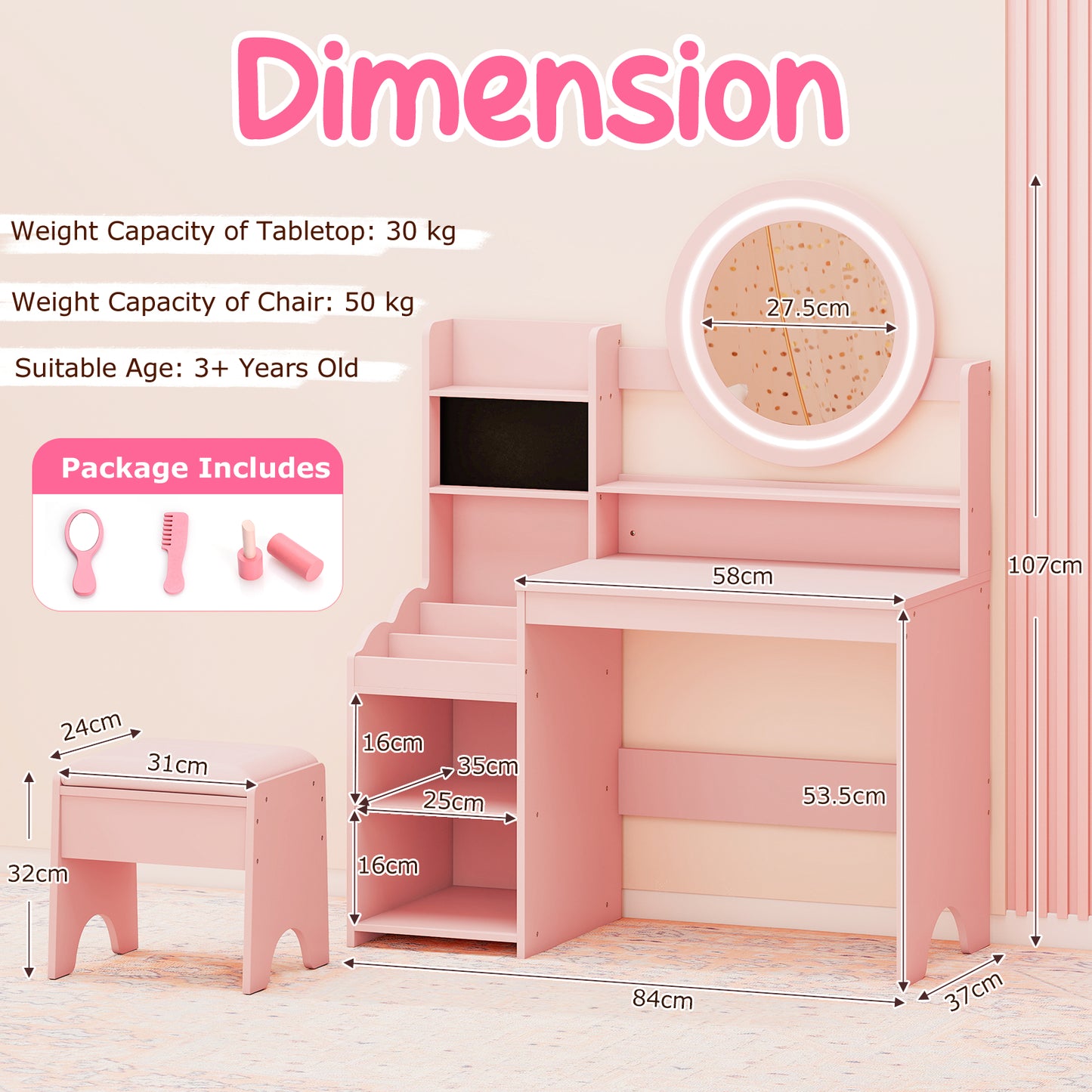 Kids Vanity Desk Princess Pretend Play Dressing Table Set with Mirror and Lights-Pink
