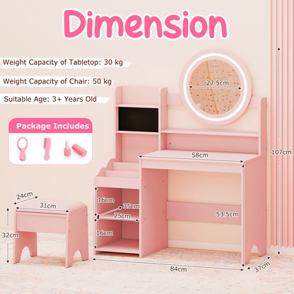 Kids Vanity Desk Princess Pretend Play Dressing Table Set with Mirror and Lights-Pink