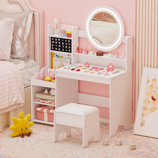 Kids Vanity Desk Princess Pretend Play Dressing Table Set with Mirror and Lights-White