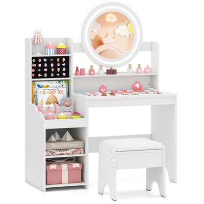 Kids Vanity Desk Princess Pretend Play Dressing Table Set with Mirror and Lights-White