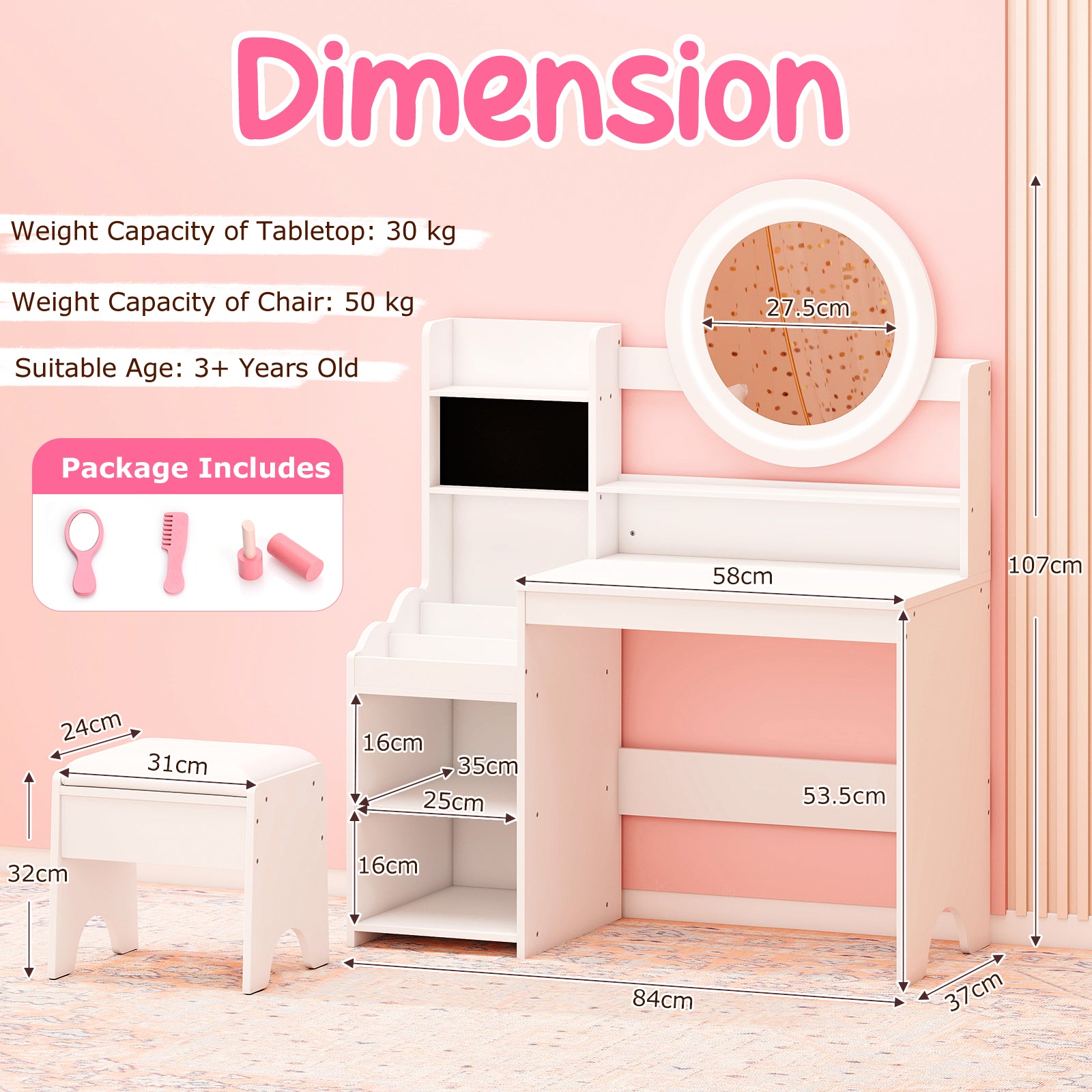 Kids Vanity Desk Princess Pretend Play Dressing Table Set with Mirror and Lights-White