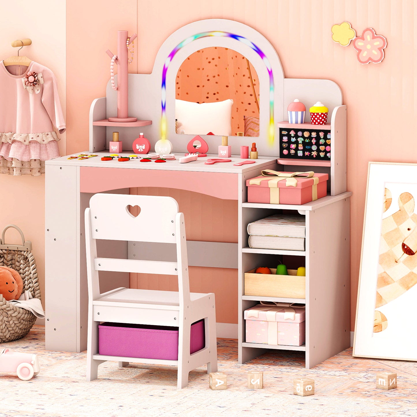 Kids Vanity Desk with Mirror and Open Storage Shelves-White