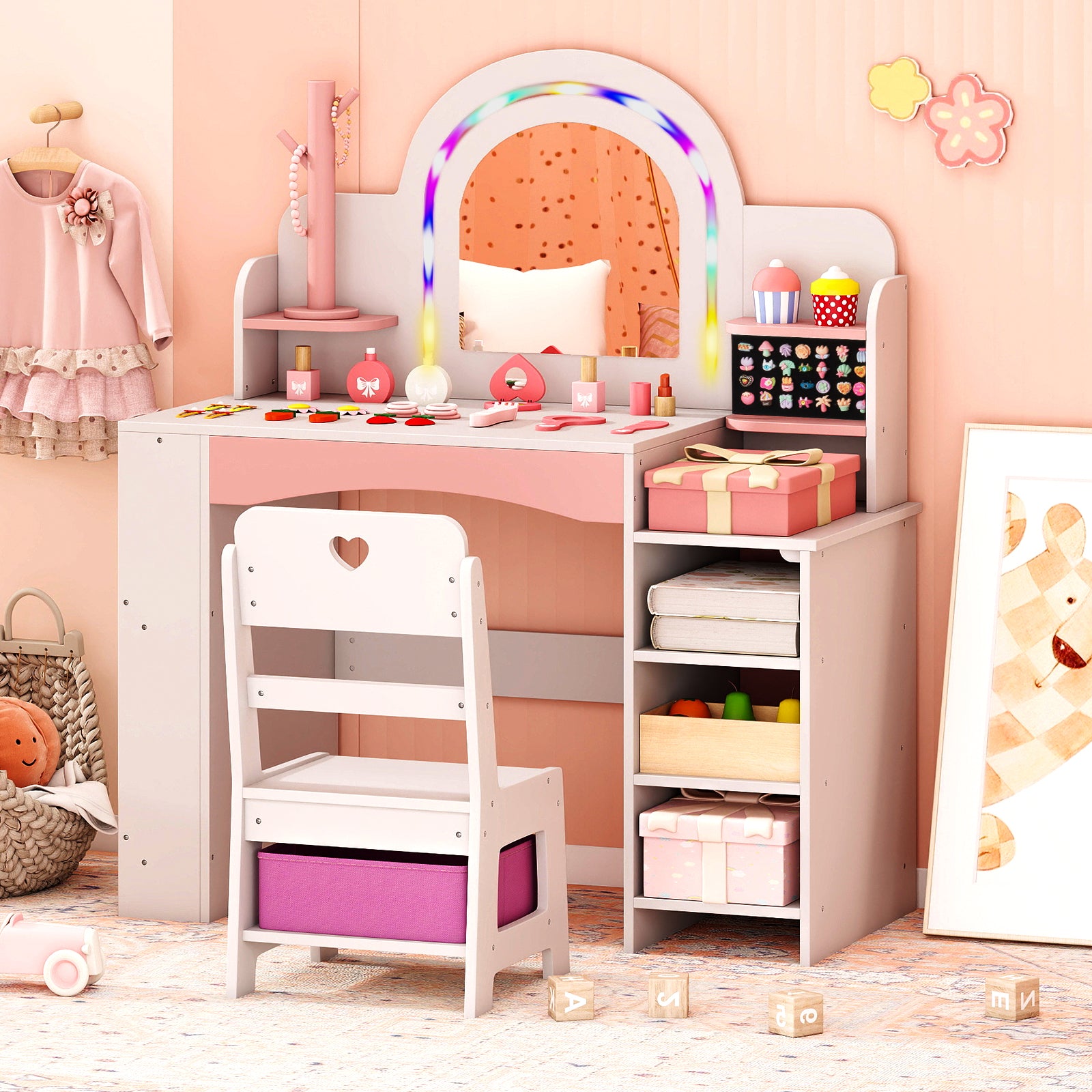 Kids Vanity Desk with Mirror and Open Storage Shelves-White