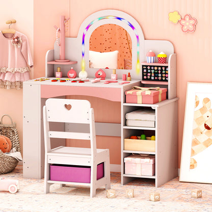 Kids Vanity Desk with Mirror and Open Storage Shelves-White
