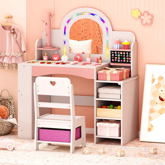 Kids Vanity Desk with Mirror and Open Storage Shelves-White