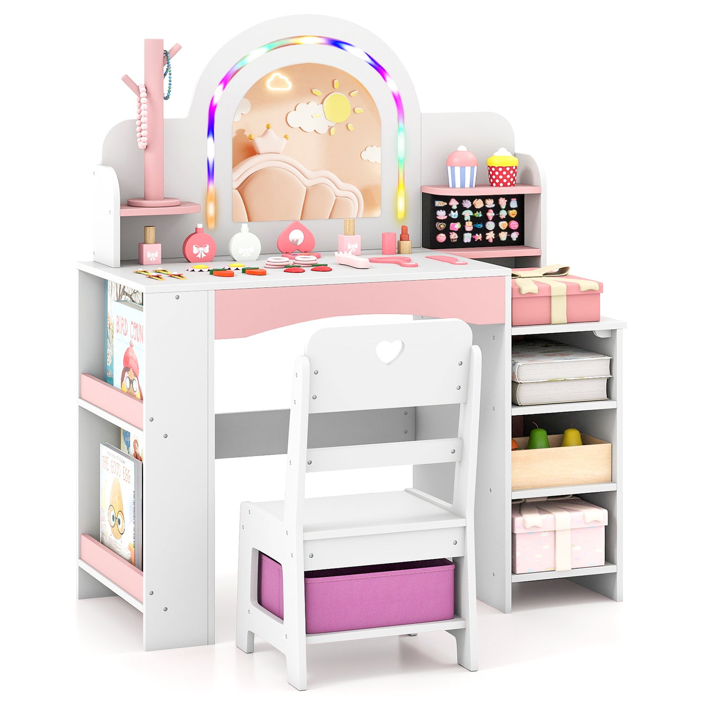 Kids Vanity Desk with Mirror and Open Storage Shelves-White