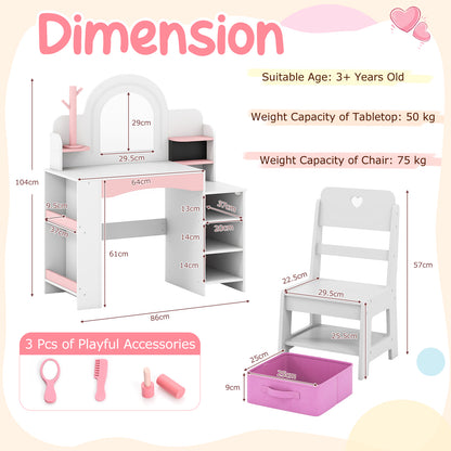 Kids Vanity Desk with Mirror and Open Storage Shelves-White