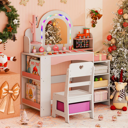 Kids Vanity Desk with Mirror and Open Storage Shelves-White
