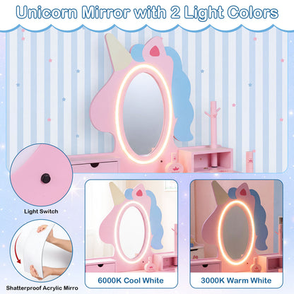 Kids Vanity Set with Lighted Unicorn Mirror & Stool and Jewelry Rack for Girls-Pink