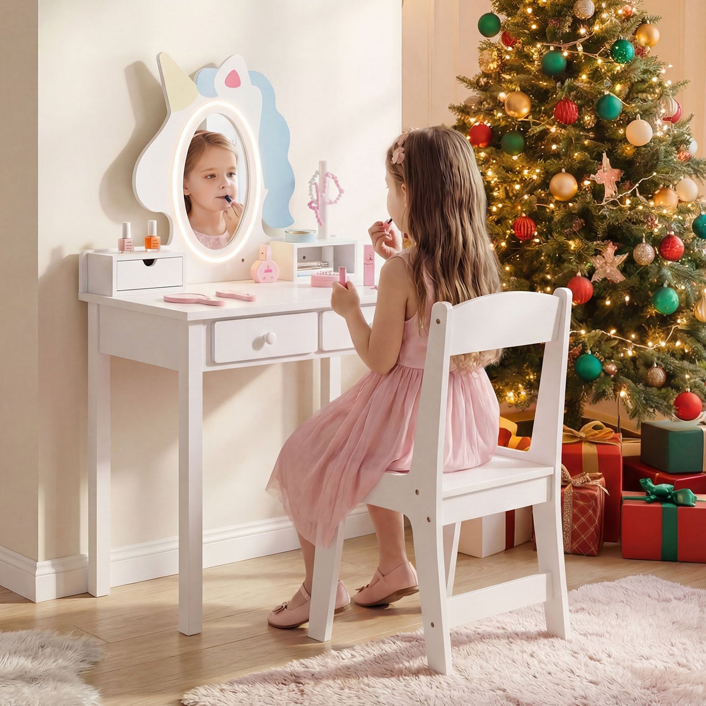 Kids Vanity Set with Lighted Unicorn Mirror & Stool and Jewelry Rack for Girls-White