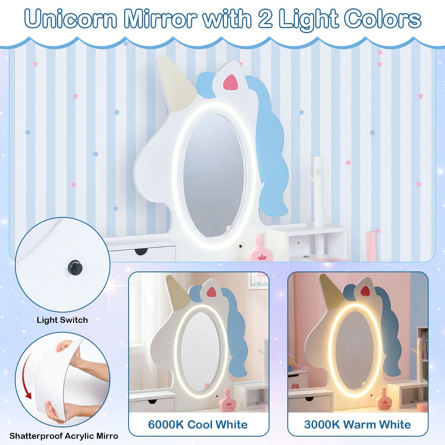 Kids Vanity Set with Lighted Unicorn Mirror & Stool and Jewelry Rack for Girls-White