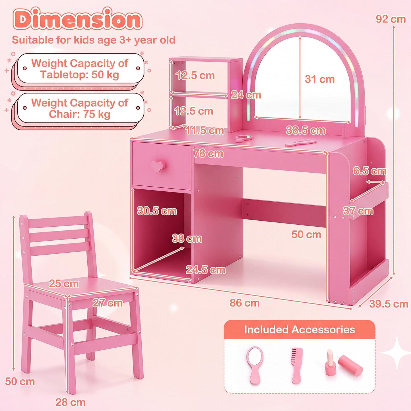 Kids Vanity Table and Chair Set with Lighted Mirror Open Storage Shelves-Sakura Pink