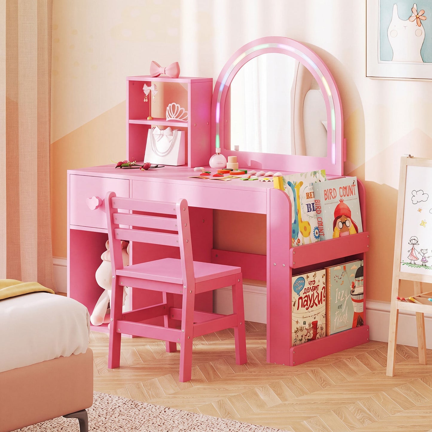 Kids Vanity Table and Chair Set with Lighted Mirror Open Storage Shelves-Sakura Pink
