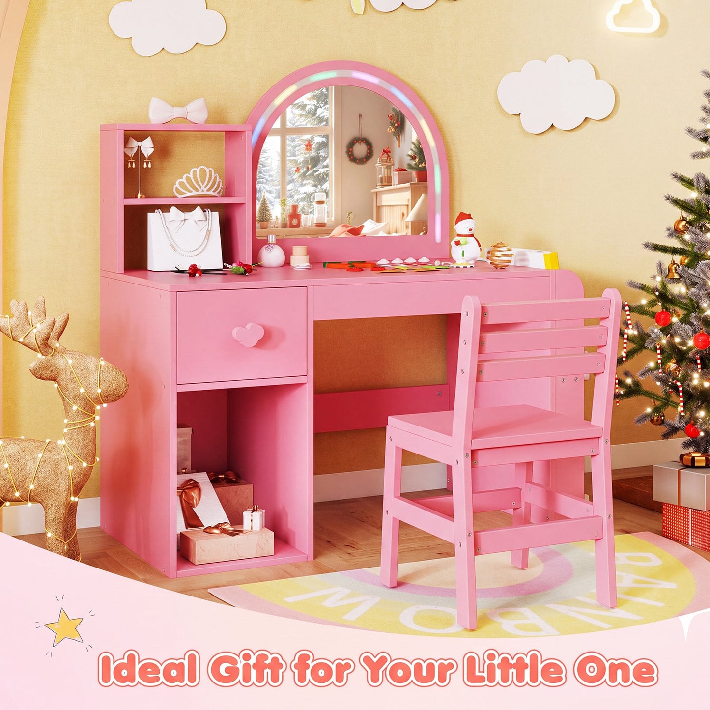 Kids Vanity Table and Chair Set with Lighted Mirror Open Storage Shelves-Sakura Pink