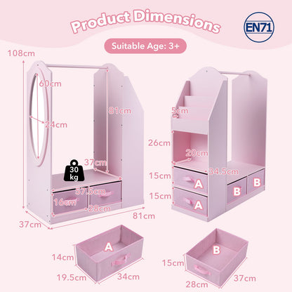 Kids Wardrobe with Full-Length Mirror Dress Up Storage Cabinet with Hanging Rack Bookshelf-Pink