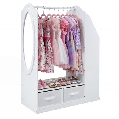 Kids Wardrobe with Full-Length Mirror Dress Up Storage Cabinet with Hanging Rack Bookshelf-White