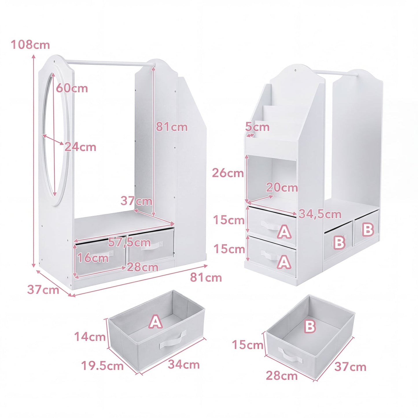 Kids Wardrobe with Full-Length Mirror Dress Up Storage Cabinet with Hanging Rack Bookshelf-White