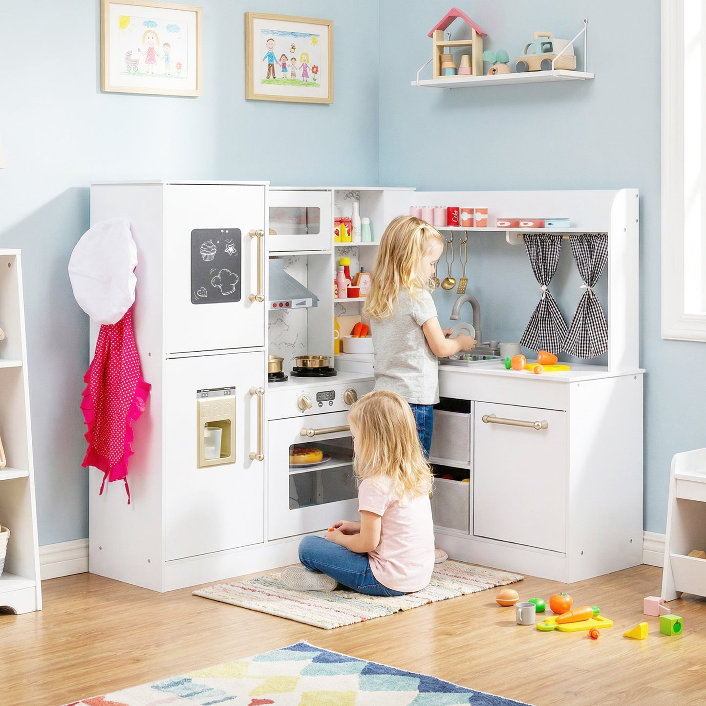 Kids Wooden Corner Play Kitchen with Lighted Range Hood and Stoves-White