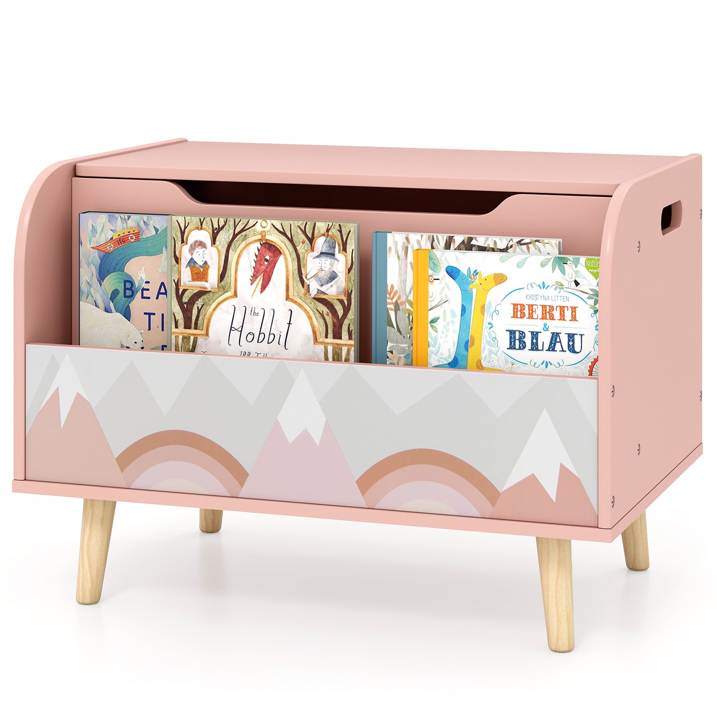 Kids Wooden Toy Box with Front Bookshelf 4 Solid Wood Legs-Pink