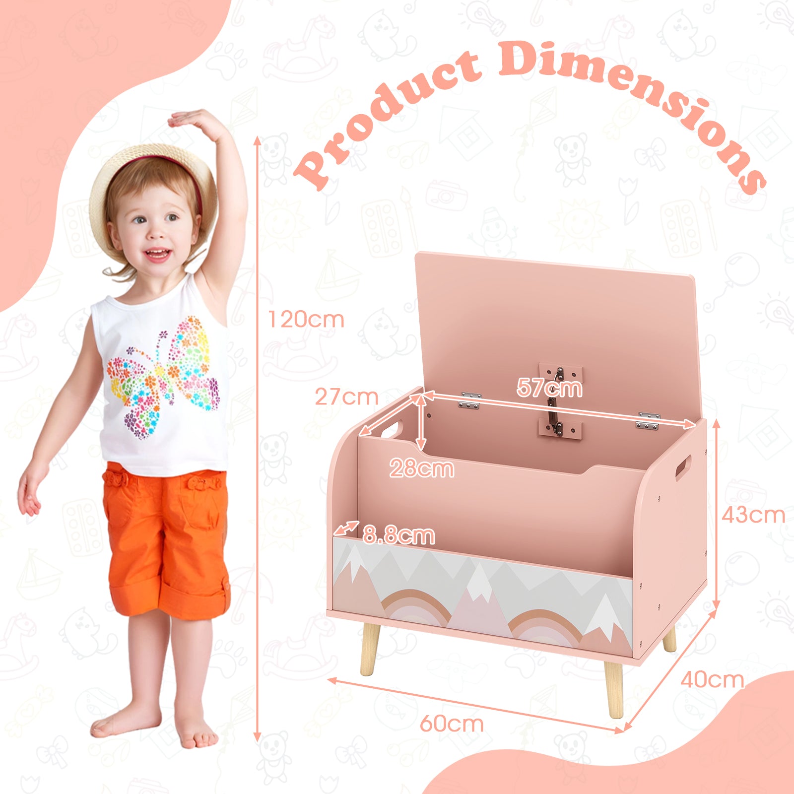 Kids Wooden Toy Box with Front Bookshelf 4 Solid Wood Legs-Pink