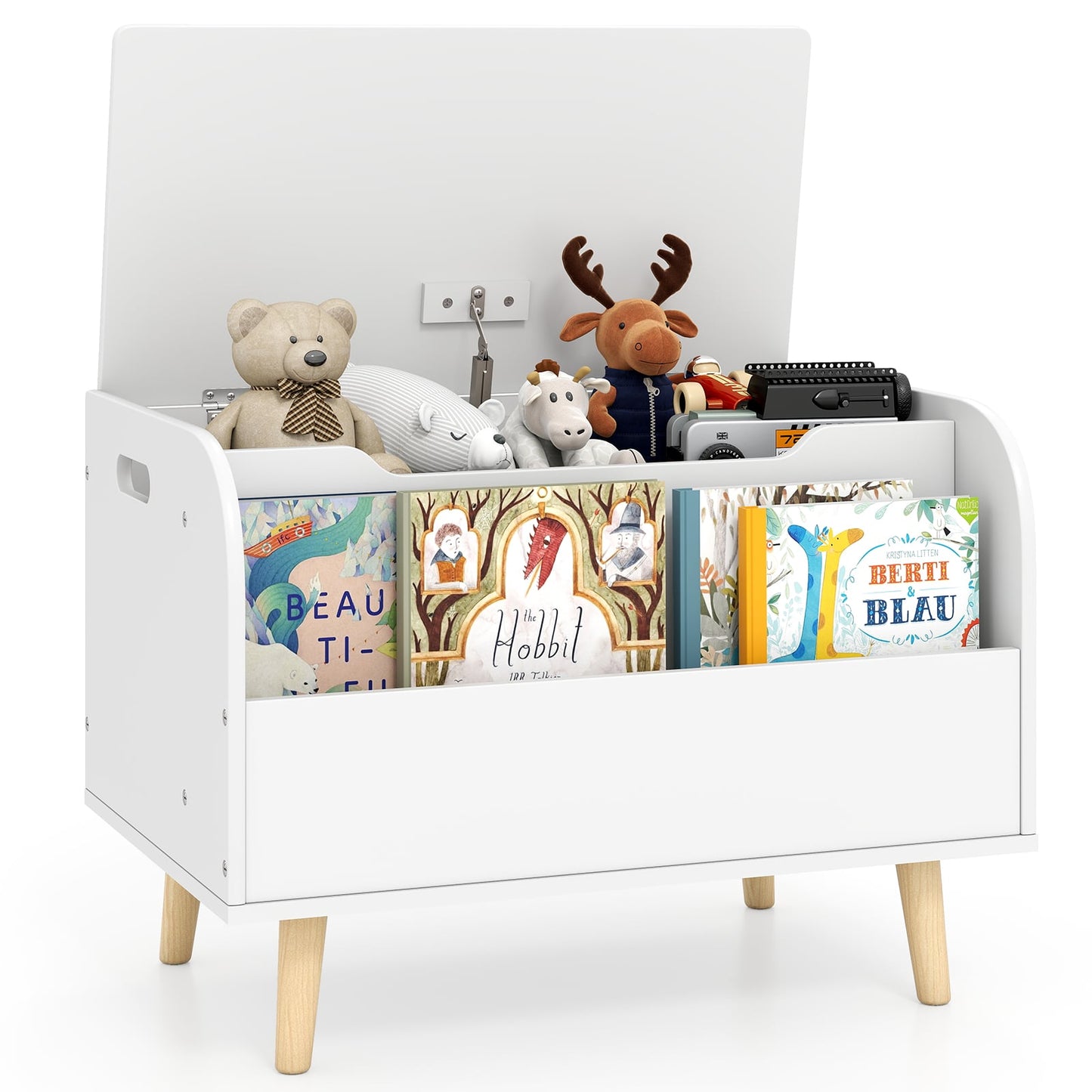 Kids Wooden Toy Box with Front Bookshelf 4 Solid Wood Legs-White