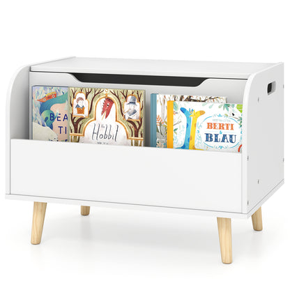 Kids Wooden Toy Box with Front Bookshelf 4 Solid Wood Legs-White