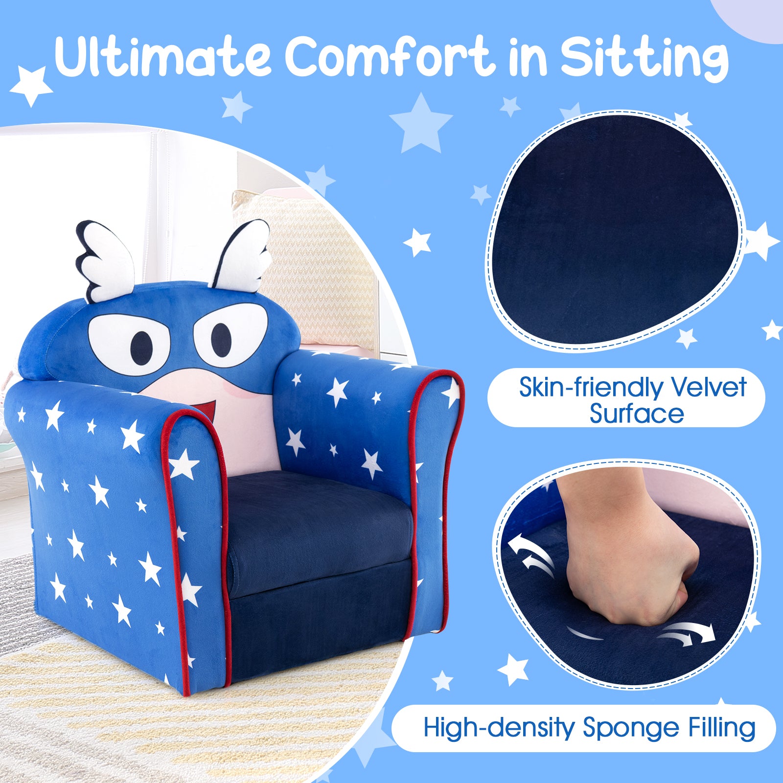 Kids Armchair with Soft Cushion and Cute Pattern-Blue