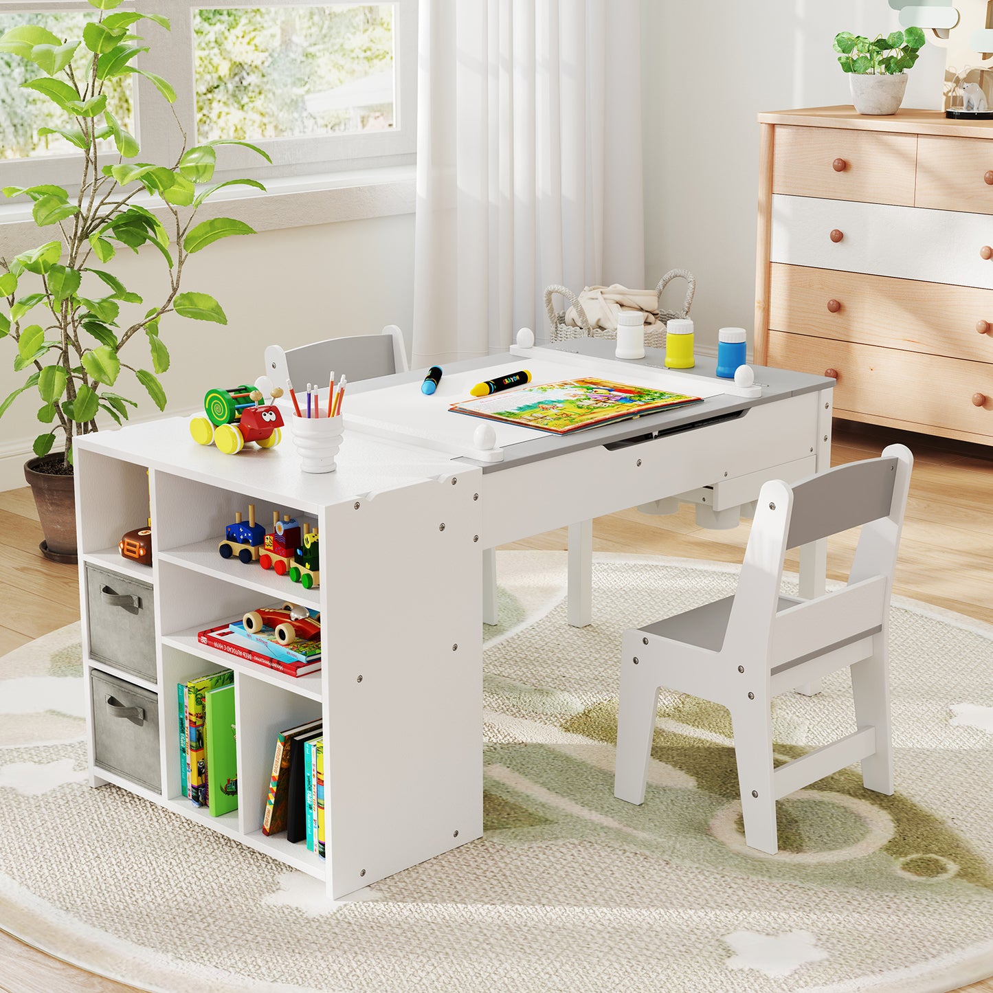 Kids Art Craft Table and Chairs Set with Paper Roll Flip-up Tabletop-Grey