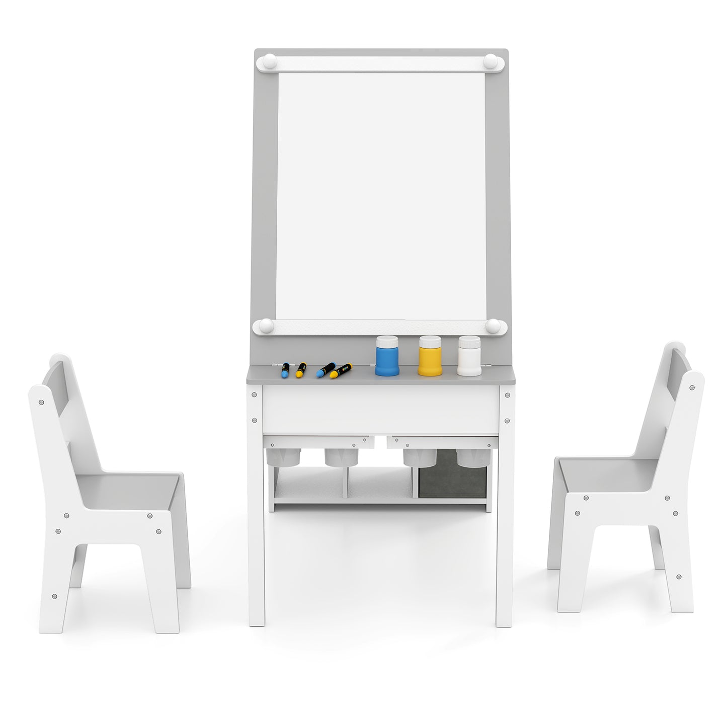 Kids Art Craft Table and Chairs Set with Paper Roll Flip-up Tabletop-Grey