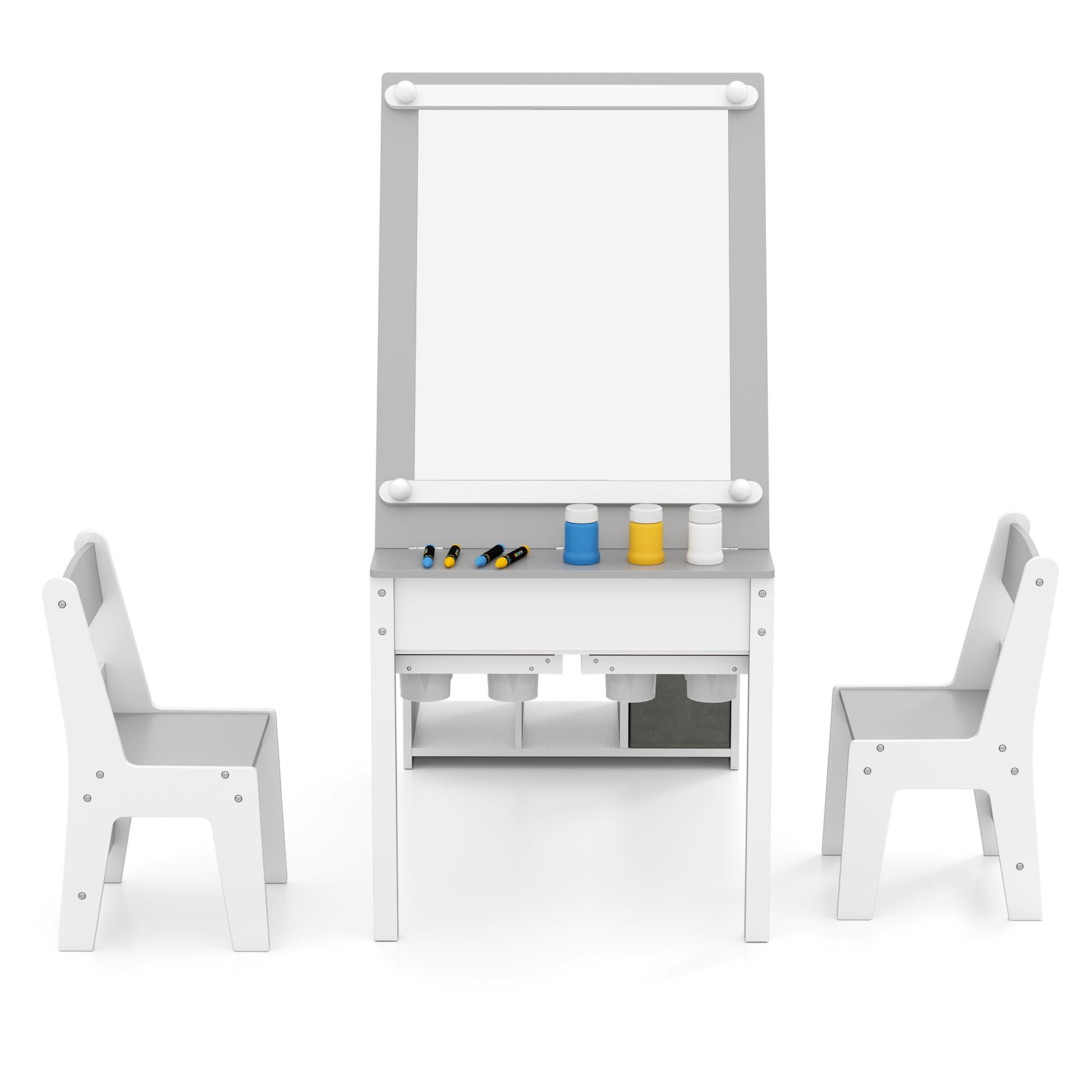 Kids Art Craft Table and Chairs Set with Paper Roll Flip-up Tabletop-Grey