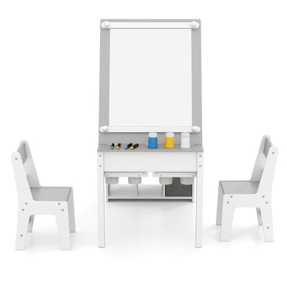 Kids Art Craft Table and Chairs Set with Paper Roll Flip-up Tabletop-Grey