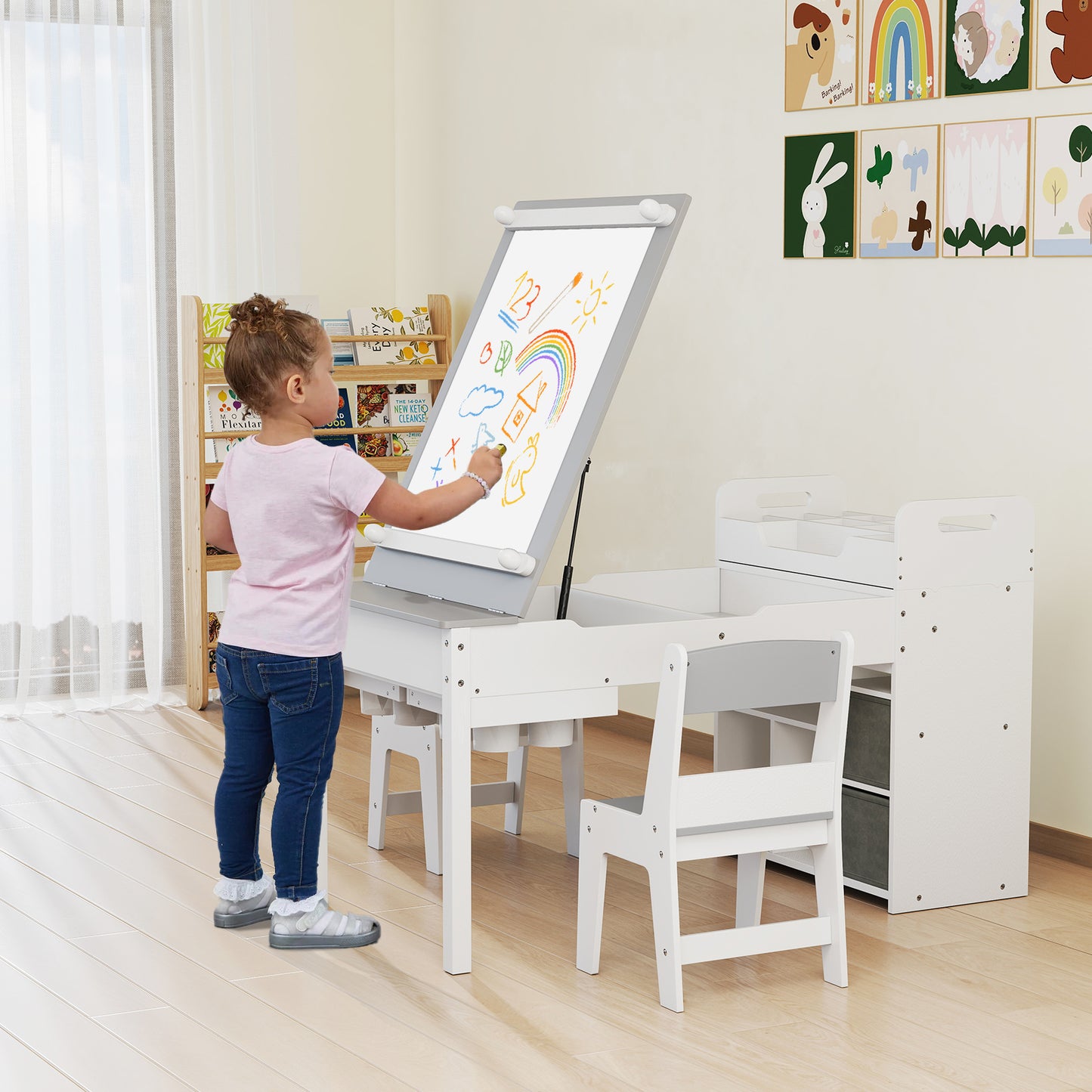 Kids Art Craft Table and Chairs Set with Paper Roll Flip-up Tabletop-Grey
